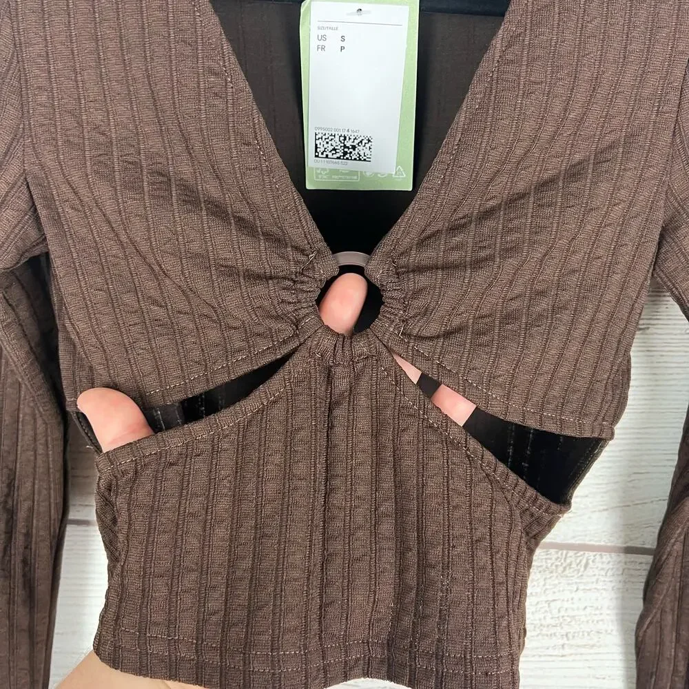 H&M Women's Brown Ribbed Long Sleeve Cut Out Cropped Top Size Small